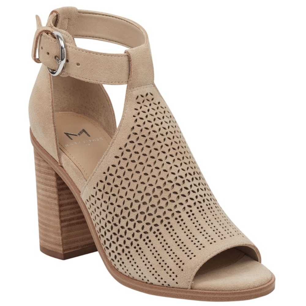 Marc Fisher Block Heel Sandals 9.5 Vixen Suede Open Toe Laser Cut Detail